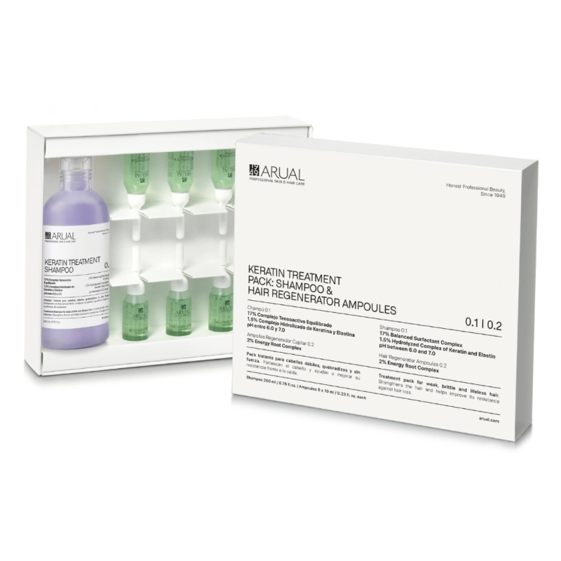 Champú y ampollas regenerador. Keratin treatment anti caída - Arual (Caja champú keratina 200 ml + 8 ampollas x 10 ml)