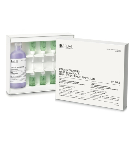 Champú y ampollas regenerador. Keratin treatment anti caída - Arual (Caja champú keratina 200 ml + 8 ampollas x 10 ml)