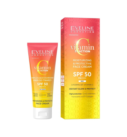 Crema facial hidratante y protector solar SPF 50+. Vitamin C, triple acción. - Eveline (30 ml)