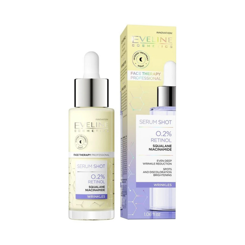 Sérum facial shot 0.2% Retinol. Antiarrugas para cara, cuello y escote - Eveline (30 ml)